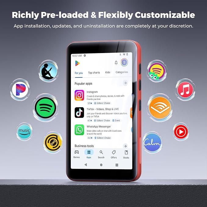 160GB innioasis G5 MP3 Player with Bluetooth and WiFi, MP3 Player with Spotify, Spotify Kids, Pandora, Play Store, Parental Manager App, Calm, 4" HD Full Touch Screen MP4 Music Player for Kids (Red)