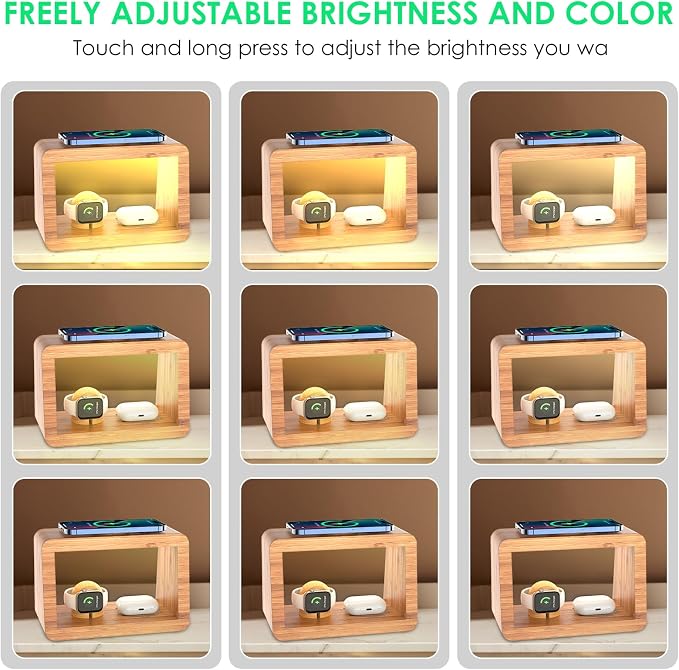 Bamboo Wireless Charging Station: Fast Charger Stand for iPhone 15/14/13/12/11 Pro Max/X/Xs Max/8, AirPods Pro, iWatch Series SE - 3-in-1 Dock