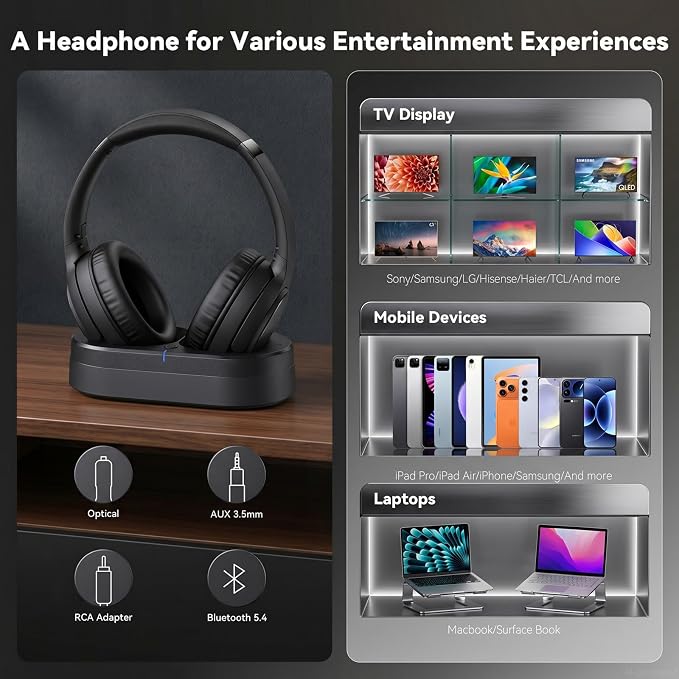 Wireless Headphones for TV Watching, TV Headphones Wireless for Seniors with Versatile Transmitter Charging Dock, Instant Audio Sync, 60-Hour Playtime, Perfect for Parents & Seniors, Black