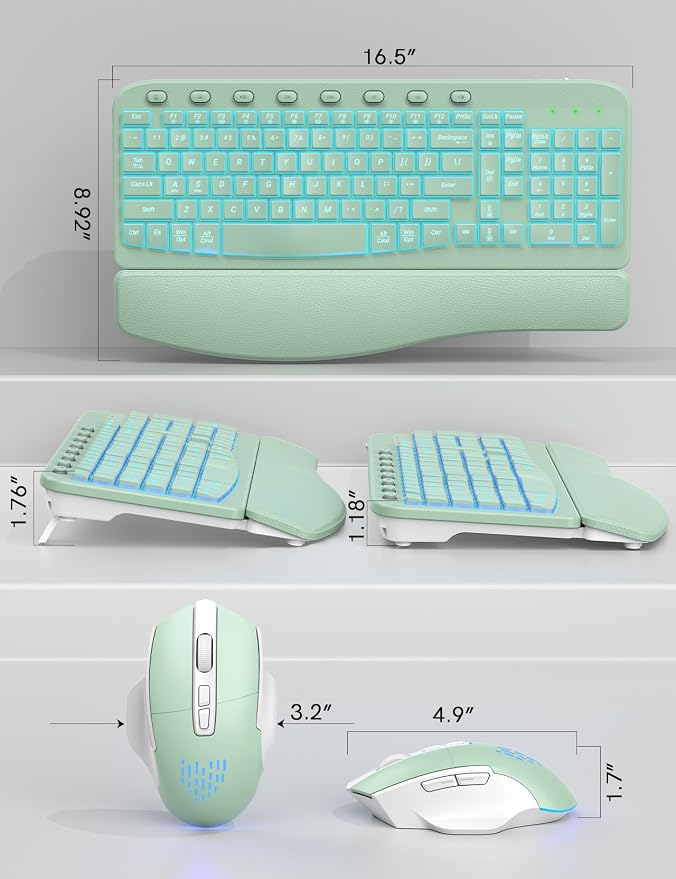 SABLUTE Ergonomic Wireless Keyboard and Mouse Combo - Wave Keyboard with Soft Leather Wrist Rest, Resistant Keys, RGB Backlit Rechargeable Set for PC/Mac/Chromebook (Green)