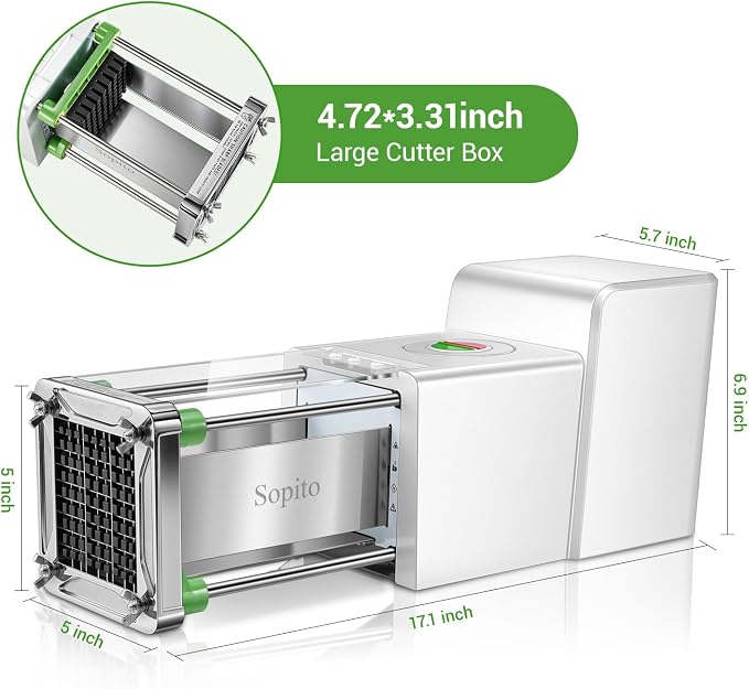 Sopito French Fry Cutter Electric - Stainless Steel Vegetable & Fruit Chopper with 1/2 & 3/8 Inch Blades for Potatoes, Carrots, Cucumbers & Onions