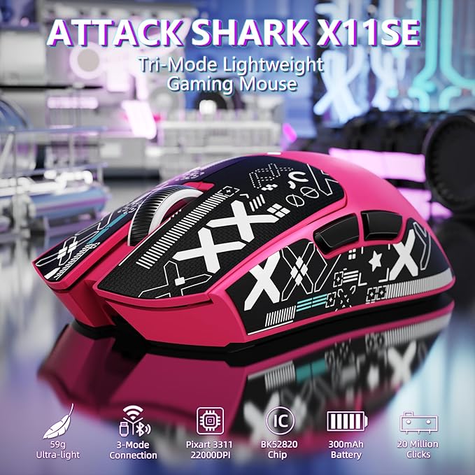 MAMBASNAKE Attack Shark X11SE Lightweight Wireless Gaming Mouse, Tri-Mode 2.4G/USB-C Wired/BT, 22K DPI, PAW3311 Optical Sensor, 59g, 5 Programmable Buttons, 300mAh Battery for PC/Mac((Berry-Griptape)
