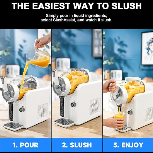Slushie Machine for Home, No Ice Needed Slushy Machine & Frozen Drink Machine, 6 Presets, Real-Time Temp Display, Auto-Clean Slushy Maker Machine for Margaritas, Frappes, Milkshakes, Party Size(White)