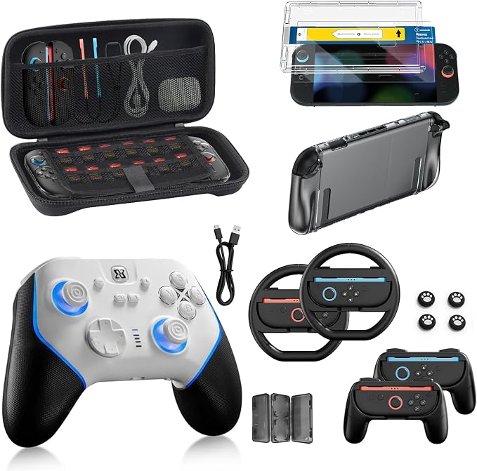 Pro Controller Accessories Bundle for Nintendo Switch 2, 17-in-1: Carrying Case, Screen Protector, Thumb Grip for Joycon, Dockable Console Protective Cover Shell, Steering Wheel, 2025 Switch2 Game Kit