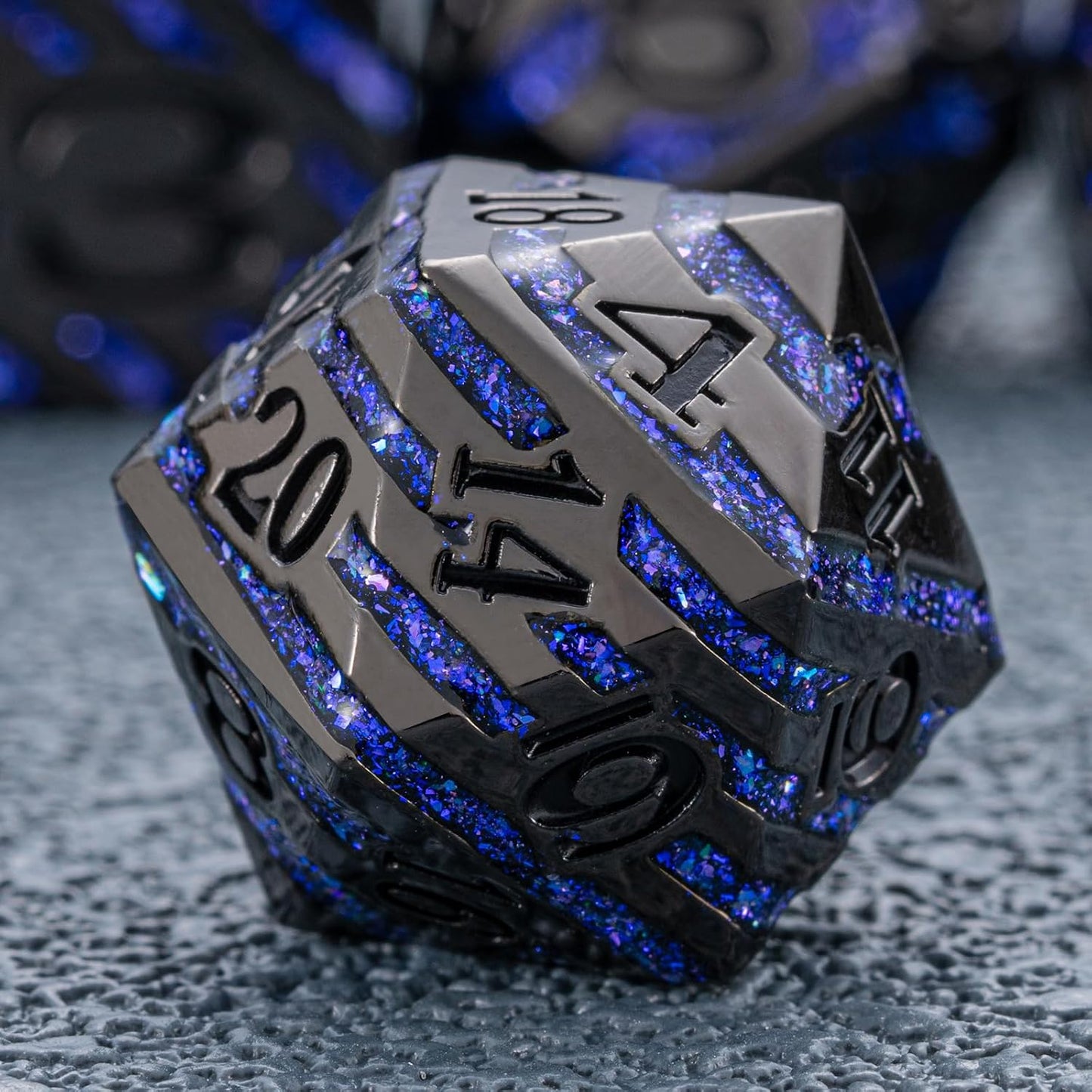 Anitque Metal Dice D&D,Metal Glitter Stripe Dice 7pcs Set with Gift Case,Polyhedral Dice for Role Playing Game (Black Nickel Dark Purple)