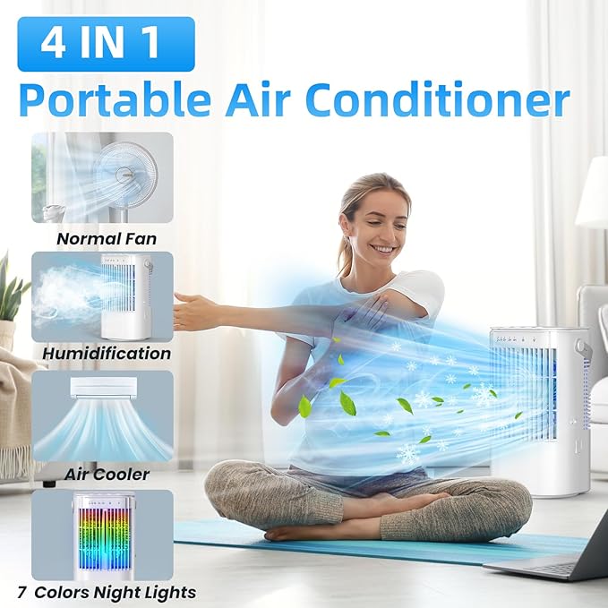Portable Air Conditioners 4-in-1 Mini Small Air Conditioner Evaporative Air Cooler Fan with 1000ml Water Tank 3 Speeds 7 LED Lights Personal Mini AC with Timer for Bedroom Desktop Home Office (White)
