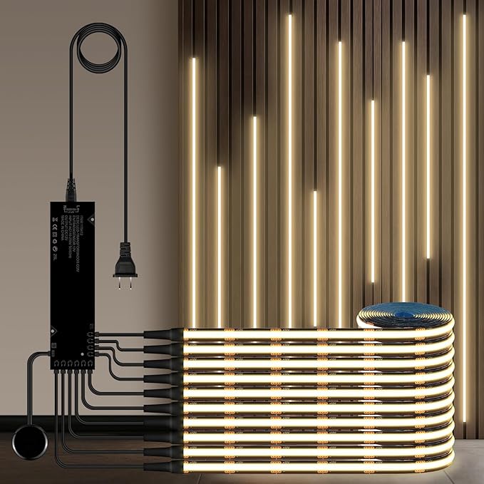10PCs LED Recessed Lighting Kit,12V 3.3Ft Self-Adhesive Black COB LED Strip Lights with 100W Adapter,4000k Touch Dimmable Cabinet Light for Wood Slat Wall Panels, Headboards, Shelf, Home Decor