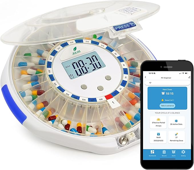 JULOS Bluetooth Automatic Pill Dispenser with Sound/Light/App Alerts for Seniors, Locked 28-Day Medication Organizer, up to 9 Alarms/Day, Pill Dispenser for Vitamins & Supplements & More, Clear Lid