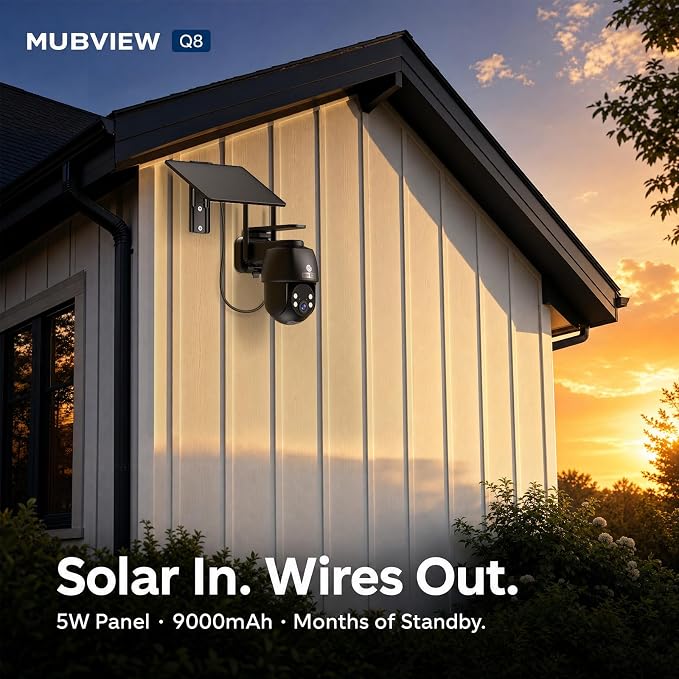 MUBVIEW 24/7 Continuous Recording Wireless Outdoor Security Camera, 2.4G WiFi, 2K Solar Powered, 360° PTZ, Auto Tracking, SD Included, Optional Cloud Storage, AI Detection, Night Vision, IP 65(1 Pack)