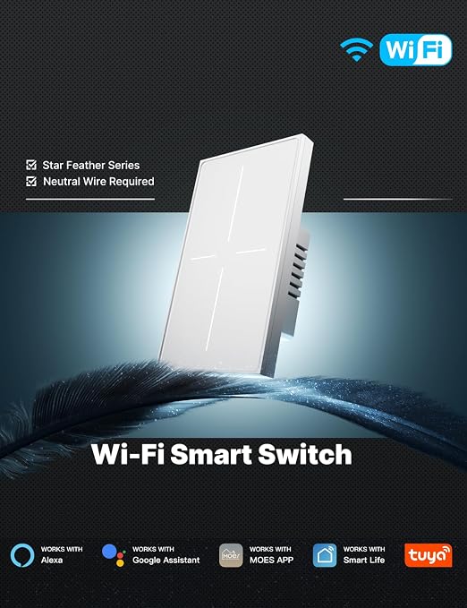 MOES Full Touch Smart Switch, SF(Star Feather 2026 Version) Wall Light Switch, Neutral Wire Required, Anti-Glare Panel, 2.4GHz WiFi Work with Smart Life/Tuya App, Alexa and Google Home White 4 Gang