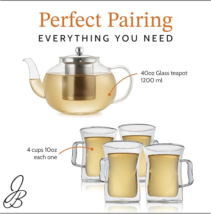 James Bentley Glass Coffee and Tea Set – Borosilicate Glass Teapot Set for Adults with 40oz Teapot & 4 Insulated Glasses, Stainless Steel Strainer for Bags and Loose Tea– Microwave, Dishwasher Safe