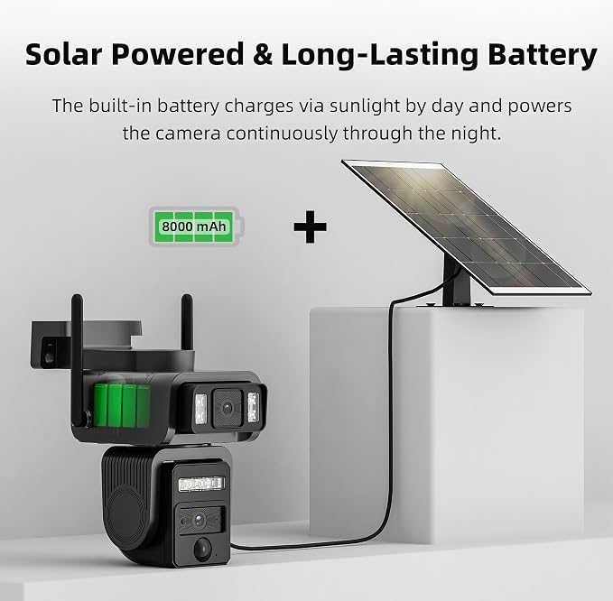 AJ19 Outdoor Solar Wireless Home Security Camera, 2.4GHz WiFi, Dual Lens 360° PTZ, IP66 Waterproof, Color Night Vision, 2-Way Audio, Motion Tracking, Dual Storage