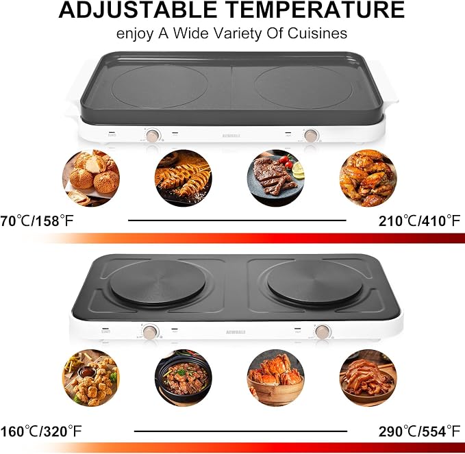 AEWHALE Countertop Double Burners with Removable Griddle Pan Non-stick,1800W Electric Hot Plate Adjustable Temperature