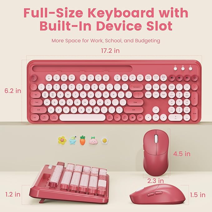 Wireless Keyboard and Mouse Combo, Retro Round Keycaps, Full-Size Stylish Typewriter Keyboard with Large Phone/Tablet Holder, 3-Level DPI Ergonomic Mouse, 2.4GHz Cordless for Windows PC, Rose Pink