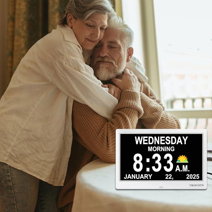 TROCOTN Dementia Clocks, Large Display Calendar Alarm Clock with Auto DST for Seniors, 5 Display Modes Large Font Digital Clock with Custom Alarms Day Date Clocks.(10 Inch White)