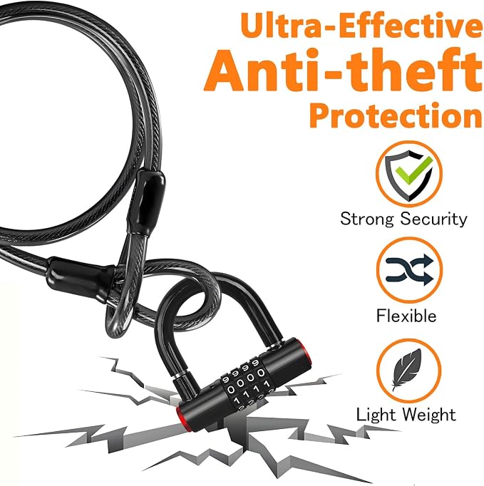 Security Cable Lock Set (4 Digital Combination U-Lock & 4 ft x 1/2" Flexible Steel Sealed Looped Ends Cable),Heavy Duty Anti-Theft U Lock with Steel Security Chain for Bikes, Outdoor Equipment