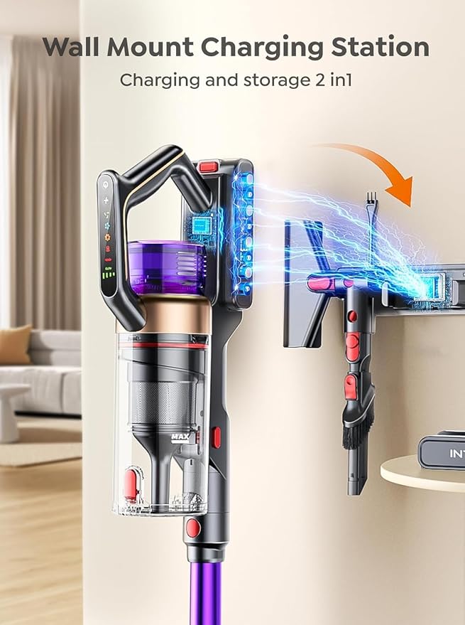 Cordless Vacuum Cleaner, 650W 55KPA 70Mins Vacuum Cleaners for Home, Stick Vacuum with Wall Mount Charging, Auto Mode, LED Touchscreen, 1.8L Dust Cup, Handheld Vacuum for Pet Hair/Carpet/Floor