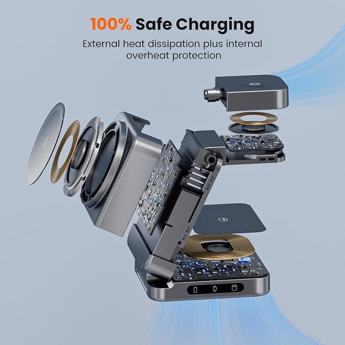 Wireless Charger 3 in 1, Foldable Charging Station for Apple Samsung Multi Devices Charging, Magnetic Charging Stand, Portable Travel Fast 15W Charger Station for iPhone, TWS, iWatch (Dark Gray)