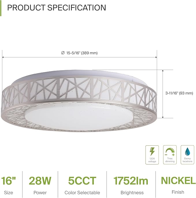 ASD 16 Inch LED Flush Mount Ceiling Light Fixture for Bedroom, 28W 1752LM 5CCT 2700K-5000K, Dimmable Lights, Dining, Living Room, Kitchen Lamps, Modern Home Lighting Fixtures, Nickel, ETL, 4 Pack