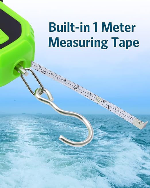 Fish Scale with Lip Gripper, Waterproof Digital Fish Scale, 110lb/50kg Hanging Fish Weight Scale, Portable Luggage Scale with Tape Measure, LCD Backlit, Batteries, for Home Fishing, Green