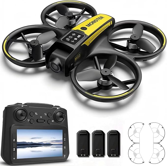 Drone with camera for kids and Remote – Beginner RC Drone for Kids with Brushless Motor, Optical Flow Hover, One-Key Takeoff, FPV Video (Yellow-Batteries*3)