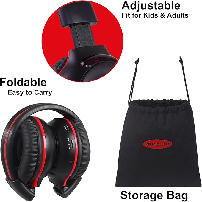 SIMOLIO Infrared Headphones for Car DVD for Honda Odyssey, uConnect, Chrysler Pacifica, Town & Country, Toyota Sienna,Wireless IR Headphone with Storage Bag & AUX Cord for TV, Outdoor Movie, 3 Pack