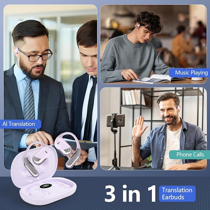Open Ear Bone Conduction Headphones，,Over Ear Earbuds with Ergonomic Earhook,Bluetooth Headphones 5.4 with Smart Digital Display,50H Playtime AI Translation Earbuds Real Time