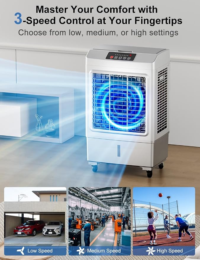 Large Swamp Cooler Air Conditioner, 3 Speeds&3 Ice Boxes, Portable Cooling Fan for Garage Outdoor Indoor Large