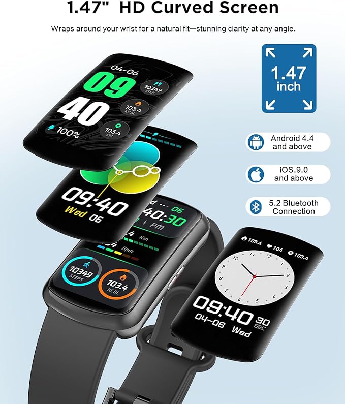 SOUYIE Smart Watch Fitness Trackers for Men Women, 1.47″ HD Curved Screen, 24/7 Heart Rate/SpO2/ Blood Pressure Monitor, Sleep Tracker, 110+ Sports Modes, Waterproof Activity Tracker for Android iOS