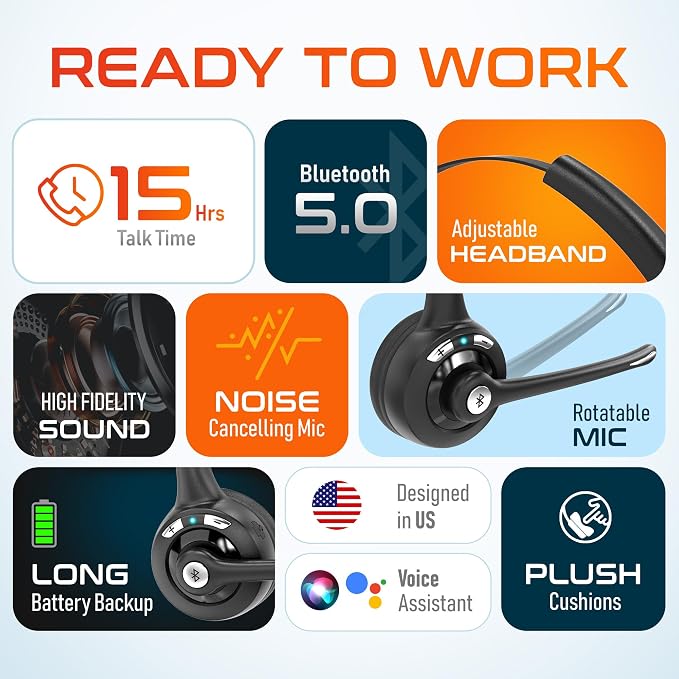 Delton 10X Bluetooth Computer Headset, Over-The-Head Single Ear Wireless Headset with Noise Canceling Mic for Computer/Laptop/Call Center/Truck Driver, Works with All Meetings Apps - Black