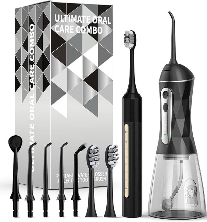 Water Flosser and Electric Toothbrush Combo,2-1 Oral Clean Kit, 5-Speed Sonic Electric Toothbrush & 4-Speed Portable Water Flosser to Clean Teeth and Protect Gum Health, IPX7, Wired USB Charging
