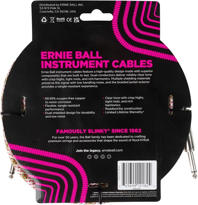 Ernie Ball Braided Instrument Cable Straight/Straight 18ft - Emerald Argyle (P06430)