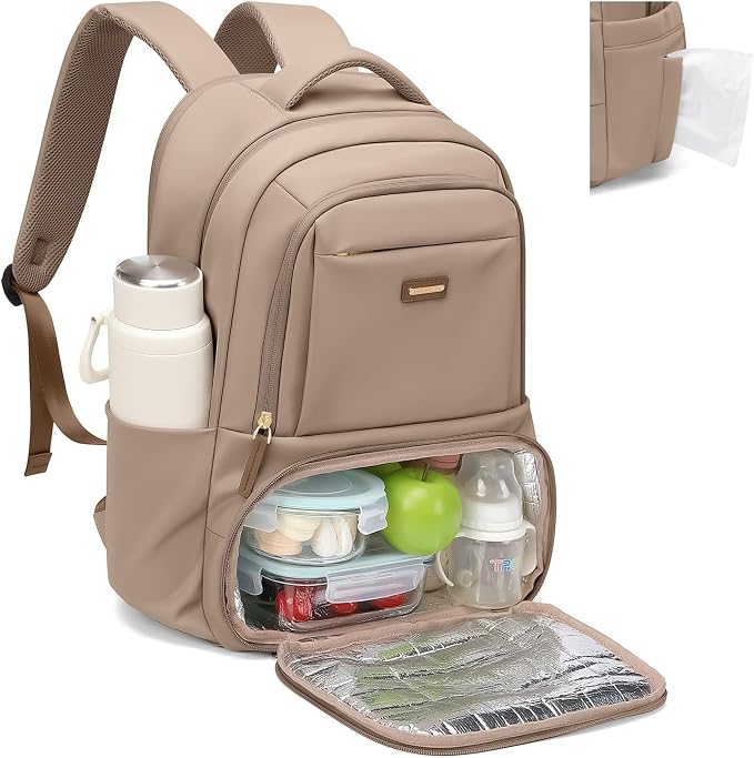 GOLF SUPAGS Lunch Backpack 16 Inch Laptop Backpack with Insulated Cooler Lunch Box Food Bag for College Work Camping Picnics (Champagne)