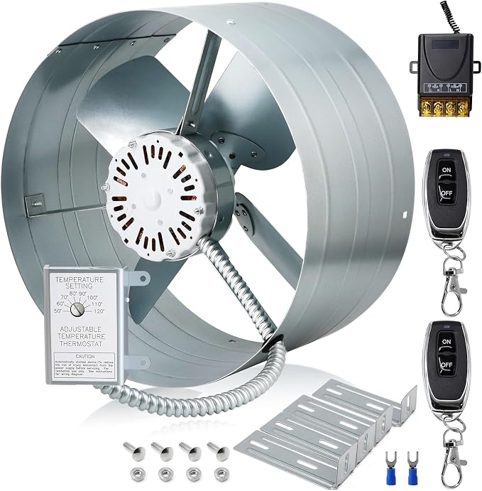 Hiorucet Upgraded 15 Inch Gable Attic Fan with Switch, 1300CFM 1850 SQF Low Noise Gable Vent Exhaust Fan with Adjustable Thermostat, 14 Inch Fan Blade and Permanently Lubricated Motor, 1075RPM