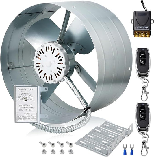Hiorucet Upgraded 15 Inch Gable Attic Fan with Switch, 1300CFM 1850 SQF Low Noise Gable Vent Exhaust Fan with Adjustable Thermostat, 14 Inch Fan Blade and Permanently Lubricated Motor, 1075RPM