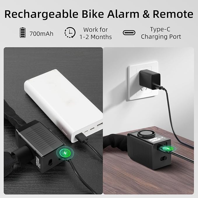 Anti-Theft Bike Alarm Chain Lock,Bike Lock 110dB Security 8mm x 4ft Chain Lock with Key & Remote Control Heavy Duty Steel Rechargeable E-Bike Scooter Bike Lock (Storage Bag Included)