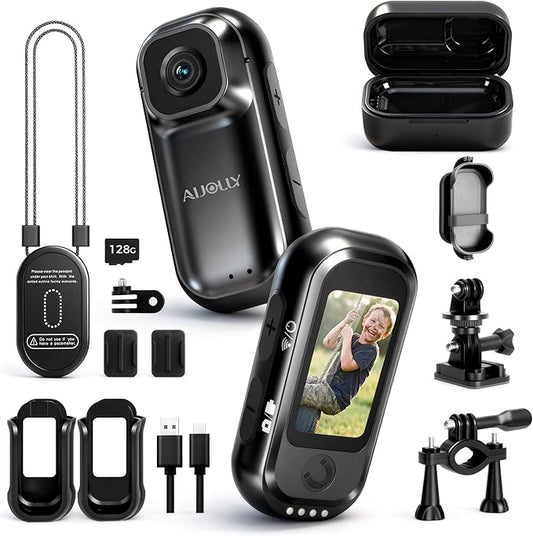 128G Mini Action Camera, Thumb Sports POV Cameras with 8h Charging Case, 1.47" Screen Body Cam with GPS AI Support, IPX5 Waterproof Wearable Bodycam for Cycling Motorcycle Skiing Pet