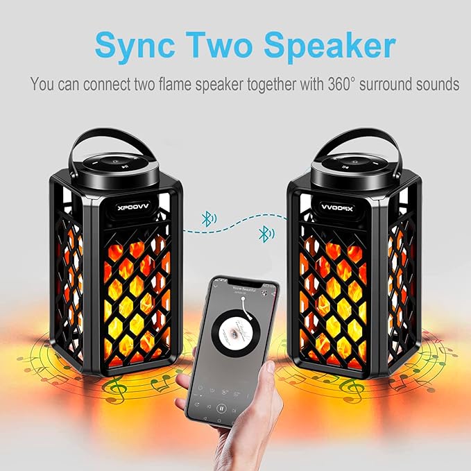 Gifts for Men Him Husband Boyfriend, Waterproof Bluetooth Speaker with LED Torch Flame Lights, 10W Deep Bass for Patio Porch Garden Backyard Birthday Gifts (2 Pack)