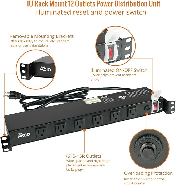 Tecmojo 1U Rackmount Network-Grade PDU, 12 Wide-Spaced Right Angle Outlets, Circuit Breaker 12A (UL Certified 12A) 6ft Cord w/ 5-15P Plug, Black