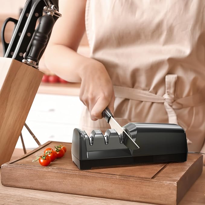 Electric Knife Sharpener, Dual-Sided 3-Stage Sharpener with Diamond Abrasives & Precision Guides, Professional Sharpener for Straight, Serrated & Ceramic Knives