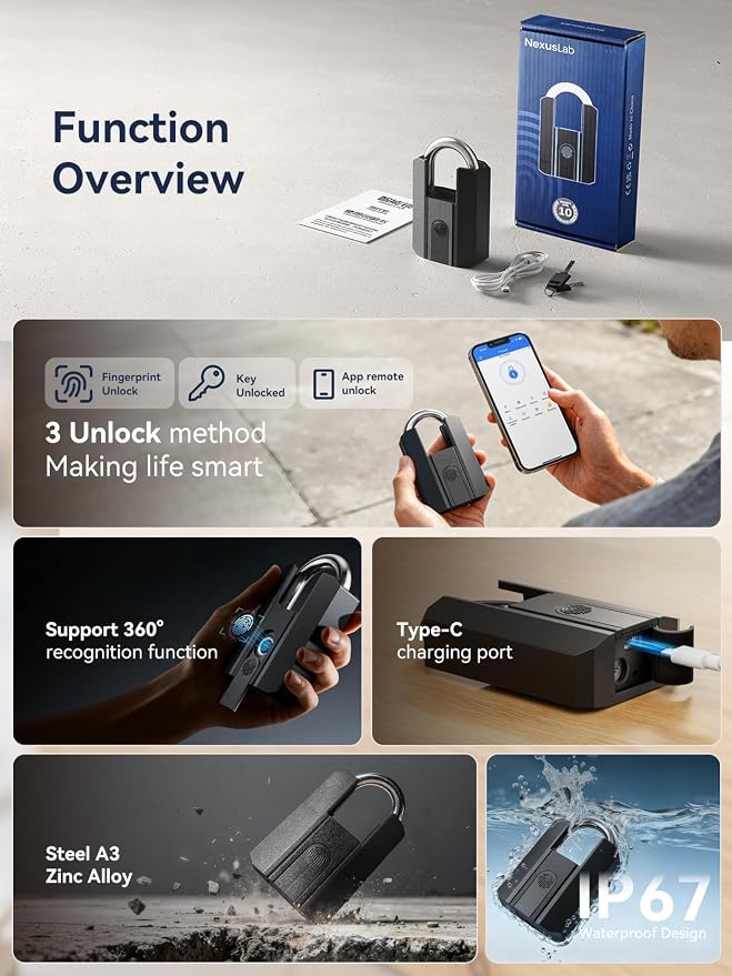 NexusLab Fingerprint Padlock, Heavy-Duty Outdoor IP67 Waterproof, 3-Way Unlock (Fingerprint/App/2 Keys), Bluetooth App Control & Logs, USB-C Charging, Stores 50 Prints, for Gate Shed Fence Storage