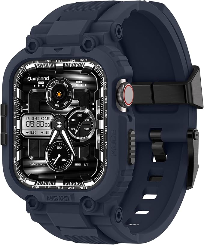 amBand Bands Compatible with Apple Watch 9/8/7 45mm, M1 Sport Series Rugged Case with TPU Strap Military Protective Tough Cover Bumper for iWatch SE3/SE2/SE/6/5/4 44mm Men Navy Blue