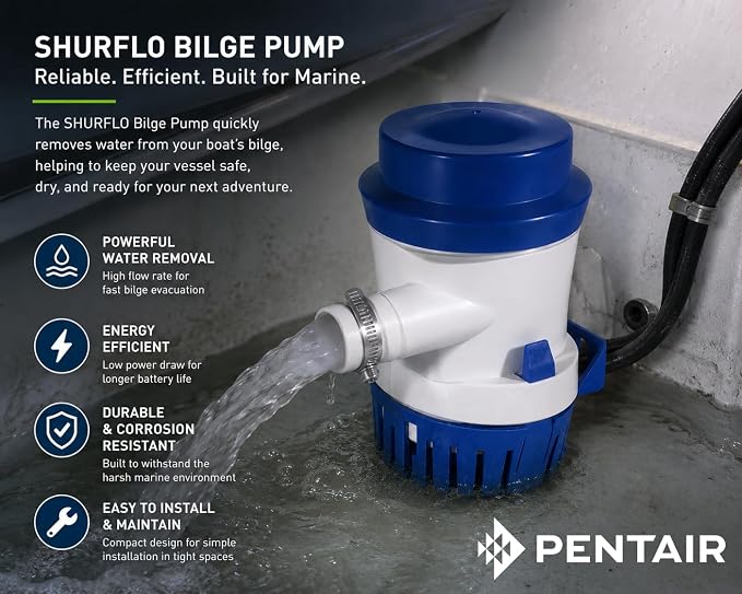 PENTAIR SHURFLO 355-010-10 Marine Bilge Pump, 500 GPH Submersible Marine Pump, Anti-Airlock, ABS Housing, Nylon Impeller, Ignition Protected, 12V DC, CE Certified