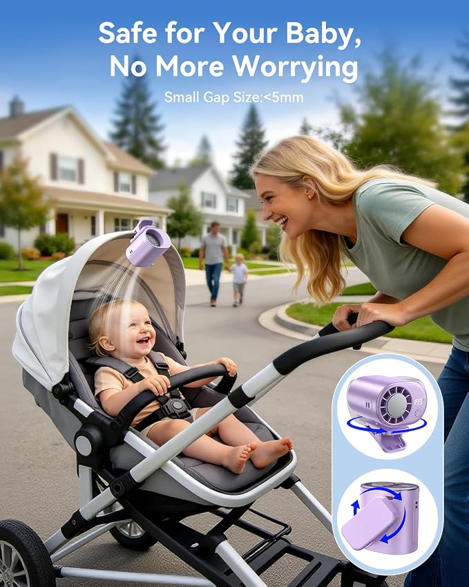Clip-On Portable Fan with Ice Cooling, 20000 RPM Rechargeable Handheld Turbo Fan, 360° Rotating Detachable Clip, Mini Stroller Fan for Baby, Compact Travel Essentials, Summer Gifts for Women,Purple