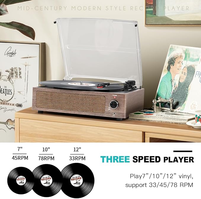 Vintage Vinyl Record Player with Speakers Retro Turntable Belt-Driven LP Phonograph 3-Speed Bluetooth Wireless Input AUX-in Headphone RCA Line Out All-in-one for Beginner Wooden Grain Grey