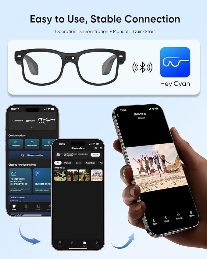 CJkao Smart AI Glasses with Camera for Men, HD Camera Video Recording, Voice Assistant Control, Bluetooth Music Glasses for Teenager(G3-White)