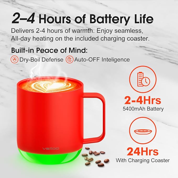 Vsitoo S6 Plus 12oz Smart Self Heating Coffee Mug, AI Auto-Sensing Heated Espresso Mug Temp Control 120-150℉, Rechargeable Mug Warmer with Music LED, IPX7 Gift for Women Men-Red