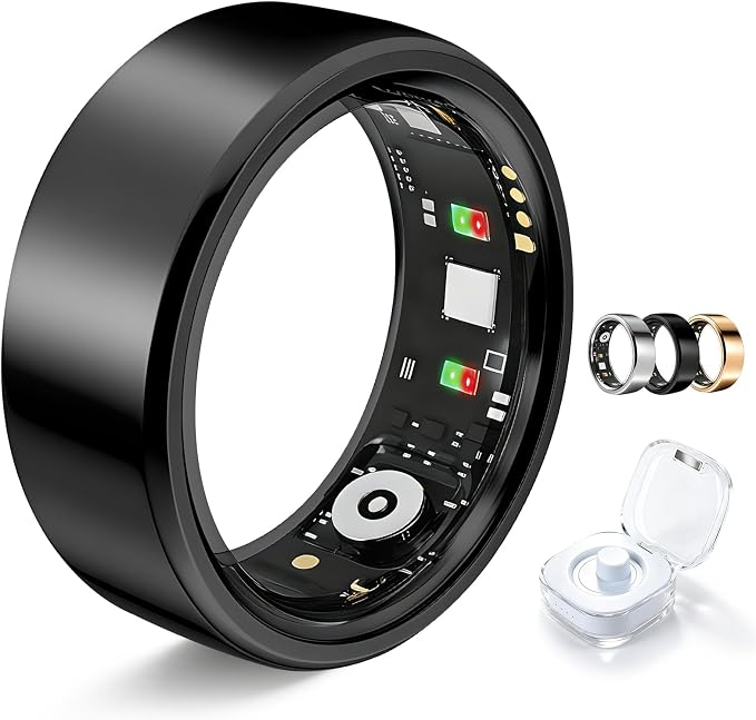Smart Ring for Women Men Fitness Tracker Heart Rate Sleep Trends 128 Sports Modes Gesture Control Cycle Tracking IP68 Waterproof No Subscription Compatible with iPhone Android (Black, Size 9)