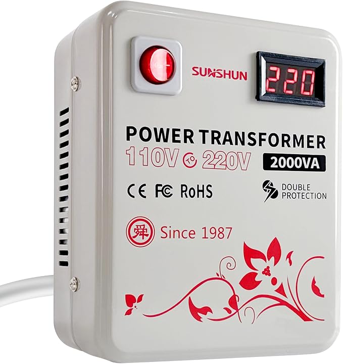 SUNSHUN 110v to 220v Converter, 2000W Step Up Transformer 110v to 220v with Voltage Display for 220/240 Volt European Asian Appliances Used in US