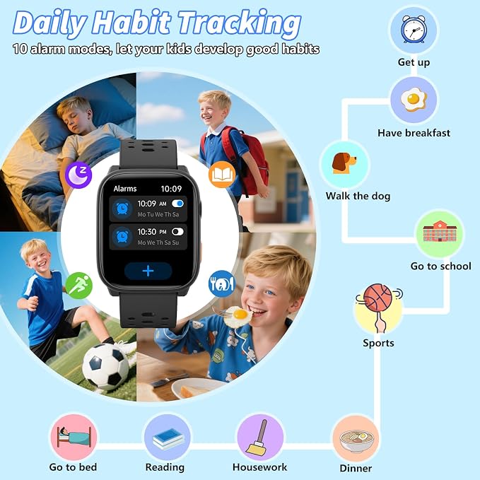 Kids Smart Watch with Puzzle Games, 1.83" Kids Watches Heart Rate, Sleep Monitor, Pedometer, Alarm Clock, Flashlight, Gift for 6-16 Year Old Boys Girls Toys (Black)